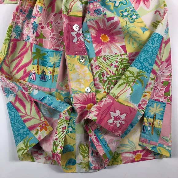 Vintage Palm Lily Cottagecore Sleeveless Boho Patchwork Button Front Shirt Dress - Picture 8 of 16